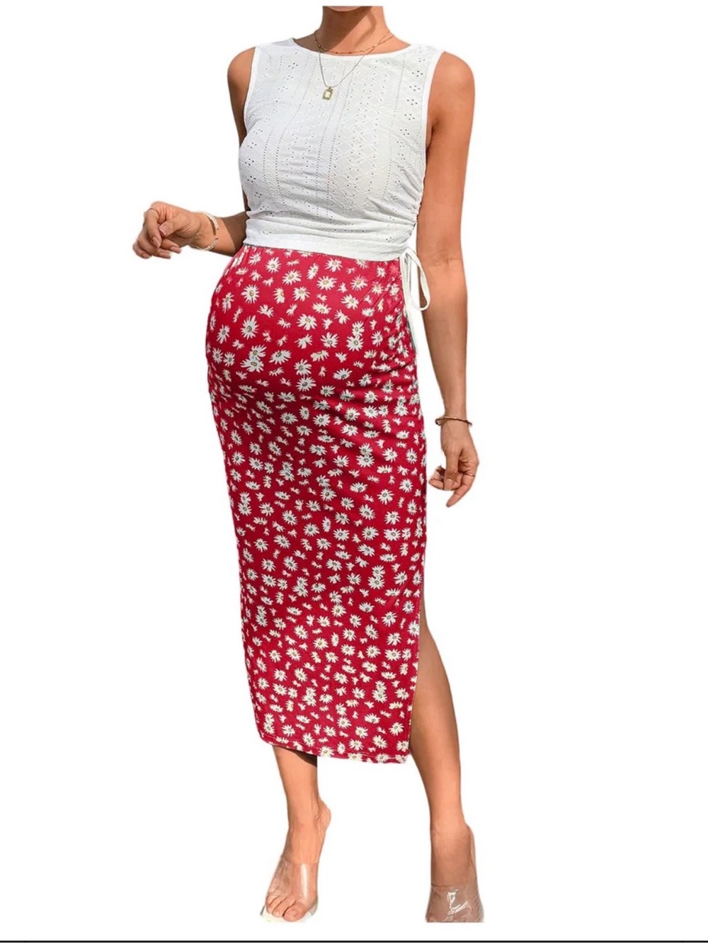 Milumia Maternity XXL Eyelet Top Floral Midi Skirt 2 Piece Set NWT